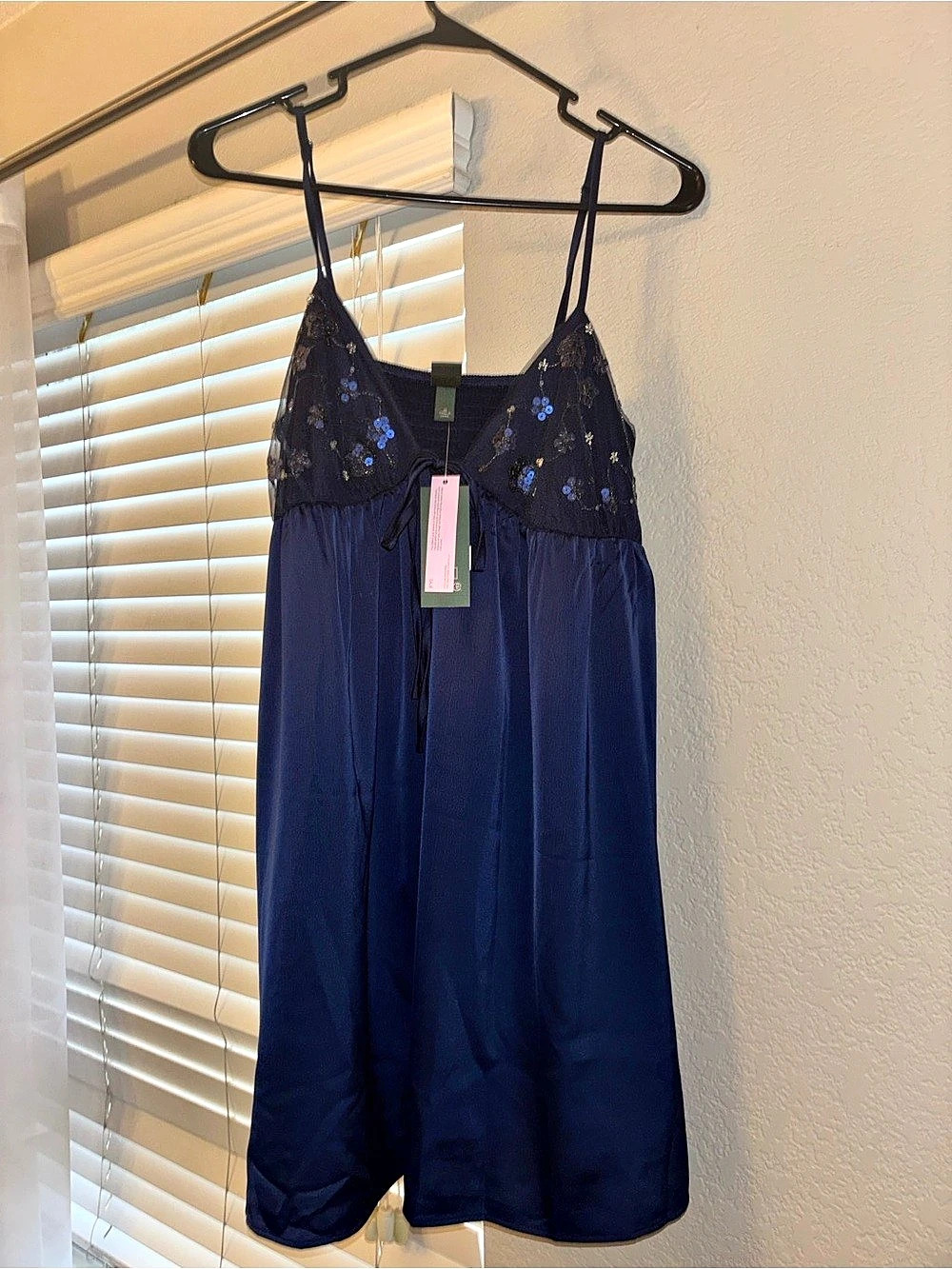 Wild Fable Navy Babydoll Slip Dress Sequin Floral Mesh Blue Mini Dress